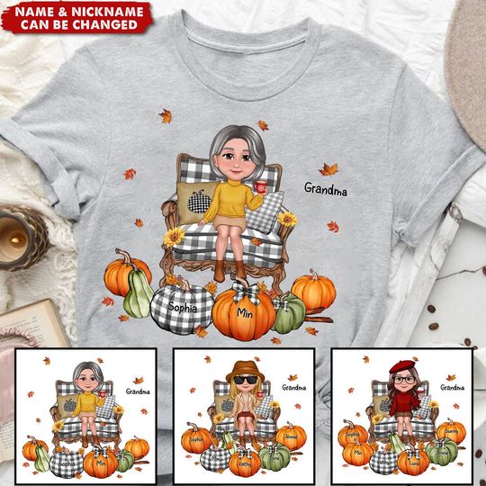 Discover Grandma Sitting On Chair Pumpkins - Personalized T-Shirt