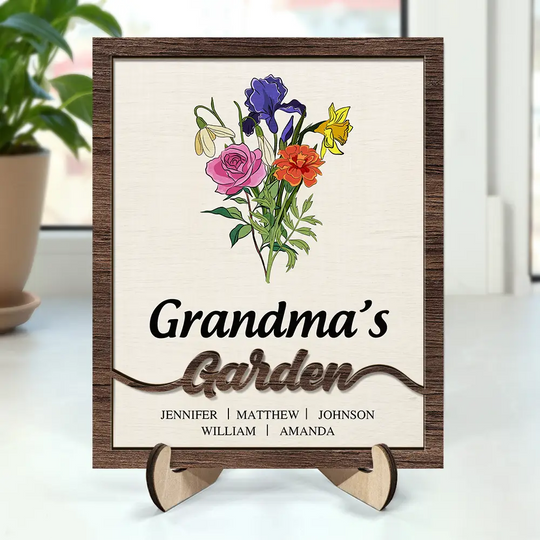 Discover Grandma's Garden Birth Flower Bouquet - Personalized 2-Layered Wooden Plaque With Stand