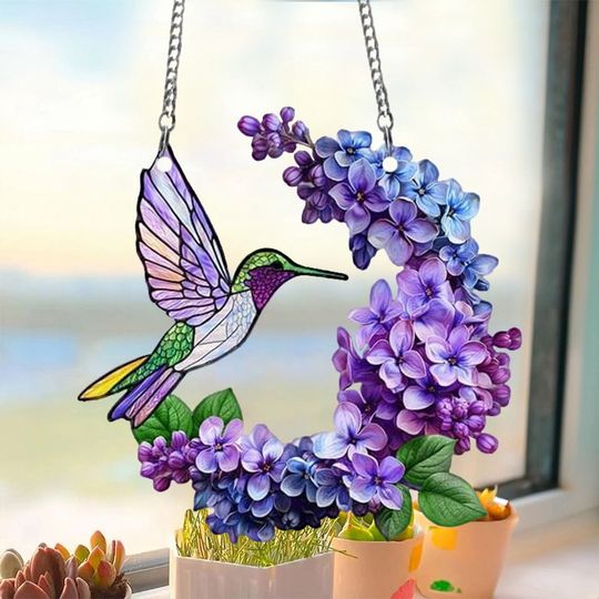 Discover Hummingbird and Lilac Branch Suncatcher Ornament, Lilac Lovers Gift, Gift For Bird Lovers