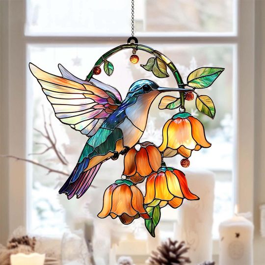 Discover Hummingbird and Flower Suncatcher Ornament, Gift For Bird Lovers