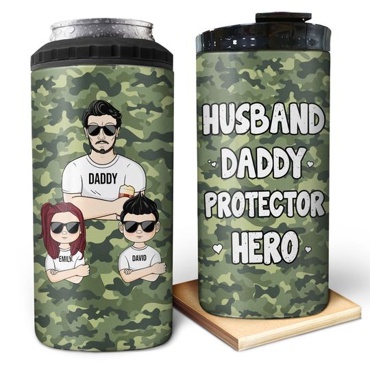 Discover Husband Daddy Protector Hero - Gift For Dad, Grandpa - Personalized Can Cooler Tumbler