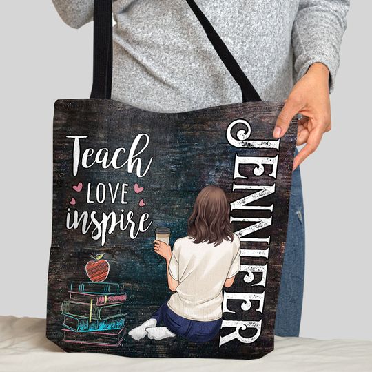 Discover Teach Love Inspire - Personalized Teacher Leather Tote Bag