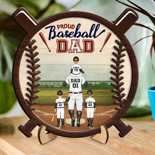 Discover Proud Baseball Dad - Gift For Baseball Father - Personalized 2-Layered Wooden Plaque With Stand