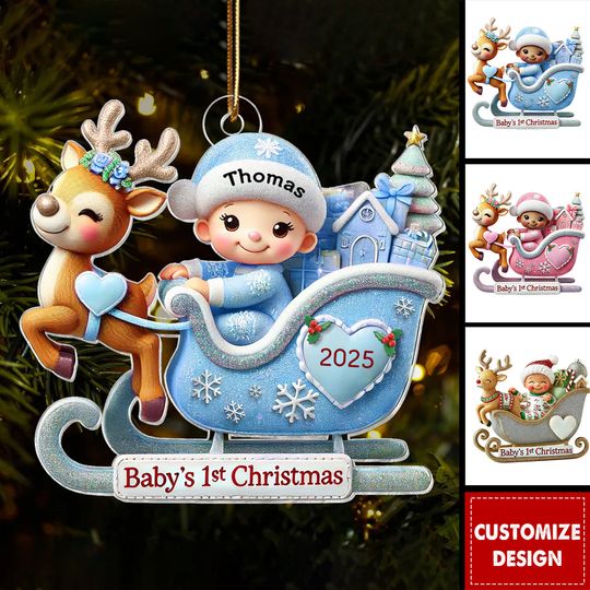 Discover Baby First Christmas Newborn On Sleigh Keepsake Personalized Acrylic Ornament