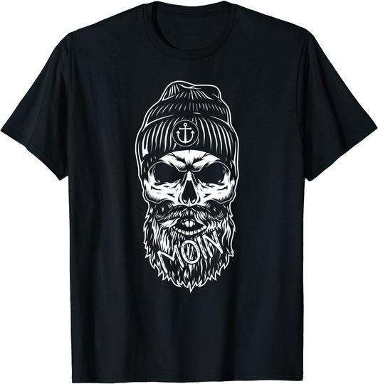 Discover T-Shirt Camiseta Manga Curta Homem Mulher Logotipo Barbearia e Chapéu de Âncora - Caveira