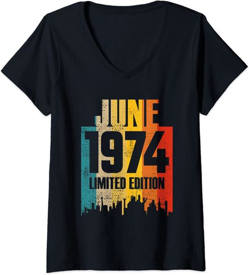 Discover Womens June 1974 Limited Edition Retro Vintage V-Neck T-Shirt