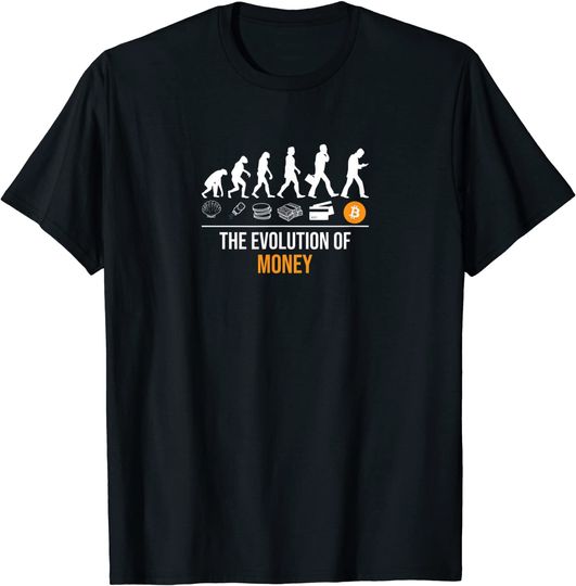 Discover T-shirt para Homem e Mulher Bitcoin Evolução de Dinheiro Criptomoeda