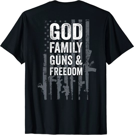 Camisete T Shirt Manga Curta para Homem e Mulher Vintage God Family Guns & Freedome