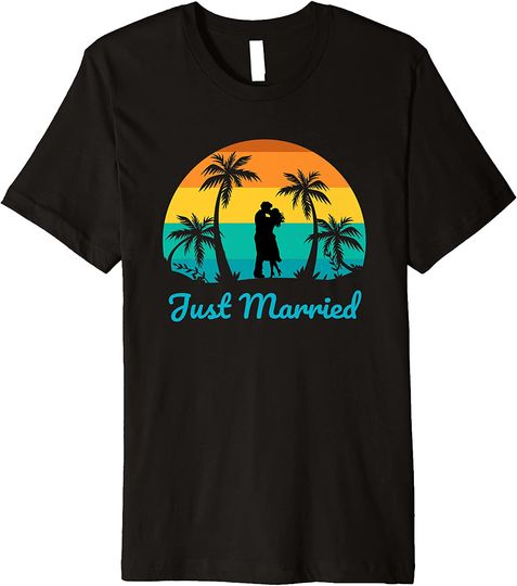T-Shirt Camiseta de Casal Manga Curta Aniversário de Lua de Mel Paisagem Praia Just Married