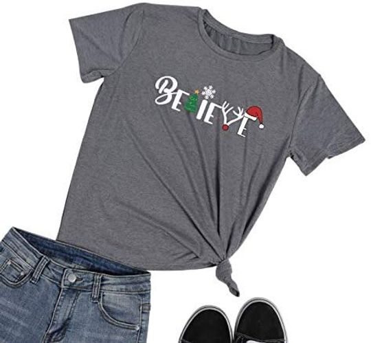 Discover T-shirt Unissexo com Letra Believe do Natal