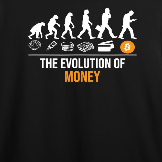 Discover T-shirt para Homem e Mulher Bitcoin Evolução de Dinheiro Criptomoeda