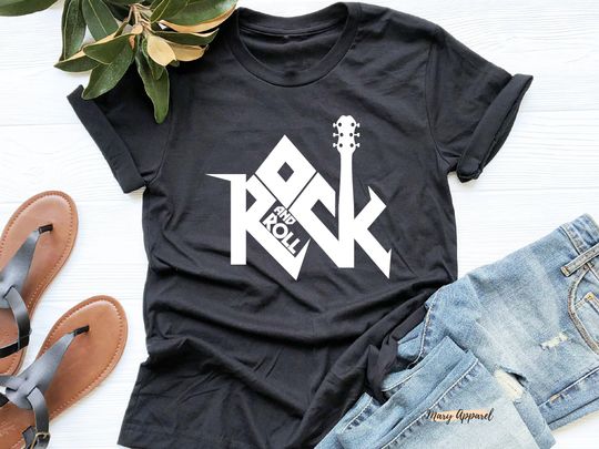T-shirt para Homem e Mulher Rock N Roll com Guitarra