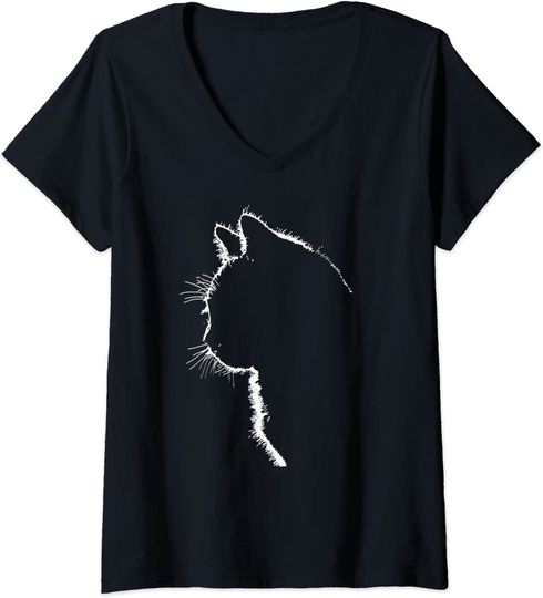Discover T-shirt de Mulher Gato Pele Silhueta Linha Arte com Decote em V