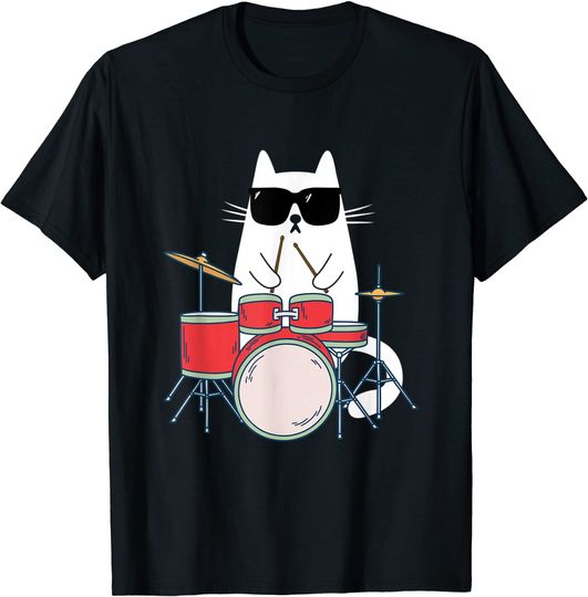Discover T-shirt Unissexo Gato com Óculos de Sol do Músico Bateria Percussão