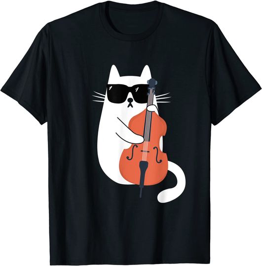 Discover T-shirt Unissexo Gato de Músico Contrabaixo com Óculos de Sol