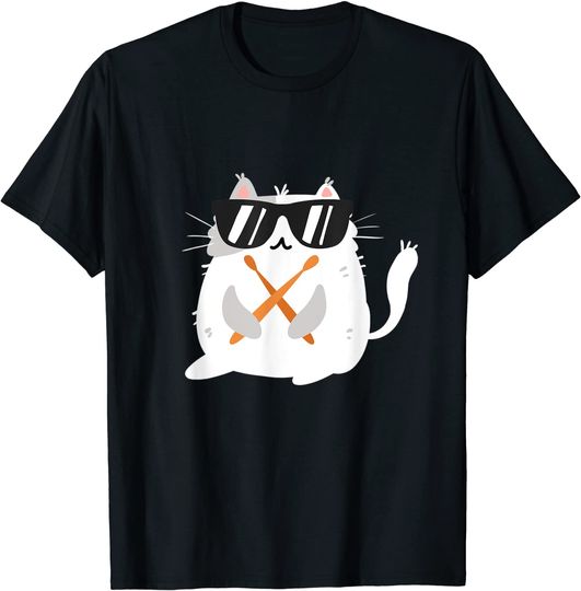 Discover T-shirt para Homem e Mulher Gato de Óculos Escuros Toca Bateria