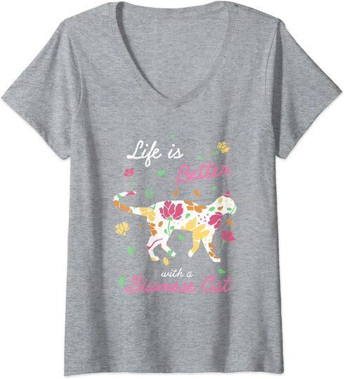 Discover T-shirt de Mulher Gato Siamês de Flores