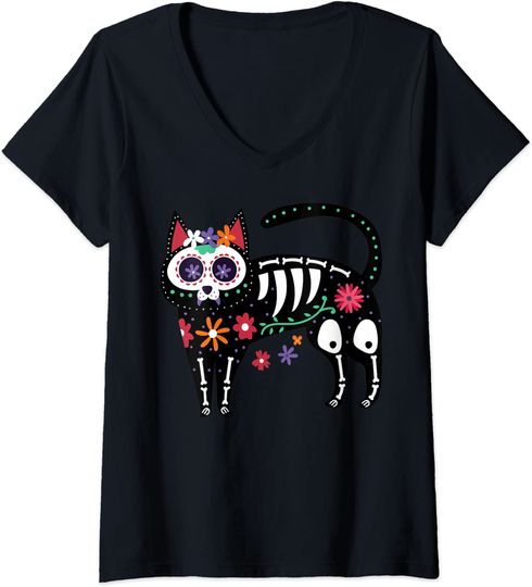 Discover T-shirt de Mulher Crânio de Flores Gato Preto Dia dos Gatos