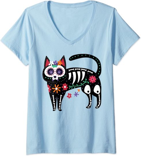 Discover T-shirt de Mulher Crânio de Flores Gato Preto Dia dos Gatos