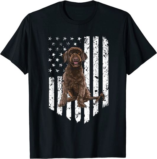 Discover Camisete Unissex Cão com Bandeira Americana Preta e Branca