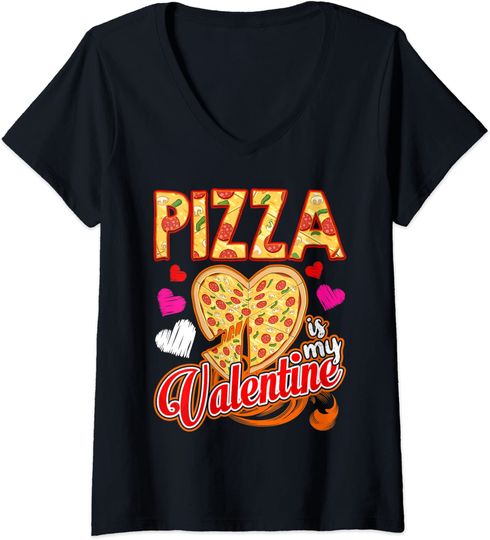 Discover T-shirt de Mulher Pizza Is My Valentine Dia dos Namorados Gola V
