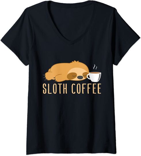 Discover T-shirt de Mulher Sloth Cafe Preguiçoso com Café com Decote em V