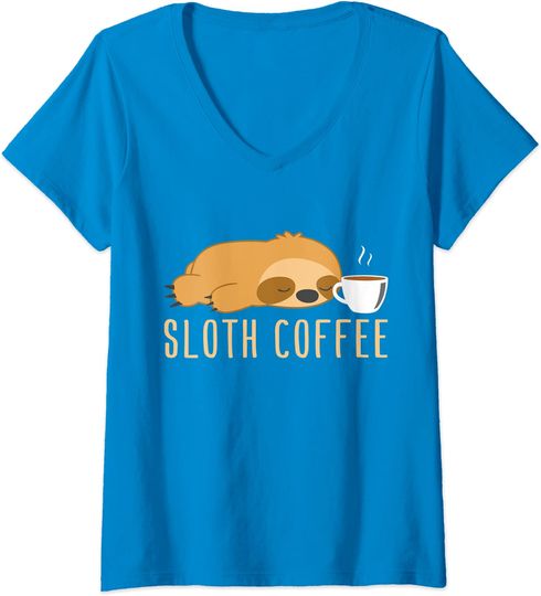 Discover T-shirt de Mulher Sloth Cafe Preguiçoso com Café com Decote em V