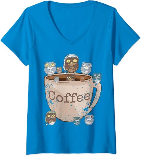 Discover T-shirt de Mulher com Corujas e Café Delicioso com Decote em V