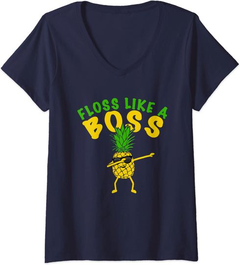 Discover T-shirt de Mulher com Ananá Floss Like A Boss Decote em V