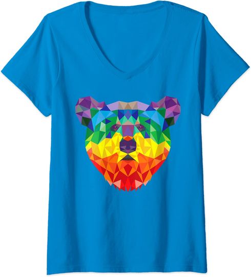 Discover T-shirt de Mulher com Decote em V Urso Geométrico de Arco-Íris