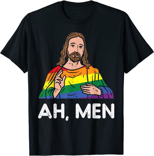 Discover Camisete de Homem com Jesus Ah Men com Arco-Íris