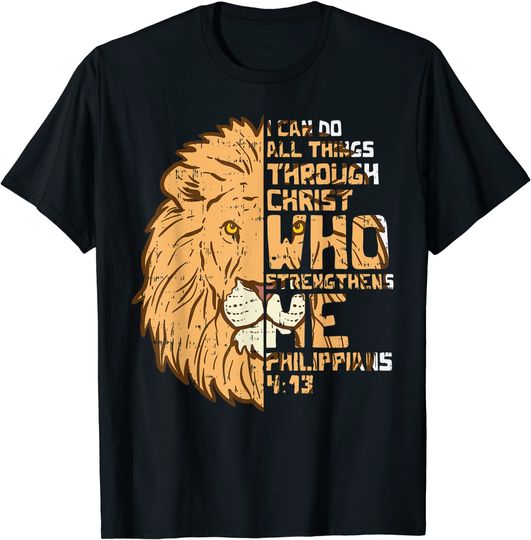 Discover T-shirt Unissexo com Leão I Can Do Things Through Christ Philippians 413