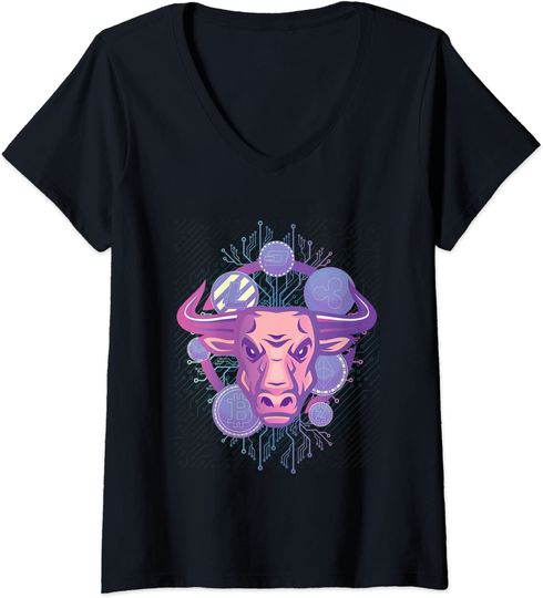 T-shirt de Mulher Bull Criptomoeda Digital Decote em V