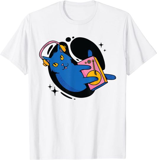 Discover T-shirt para Homem e Mulher Gato Colorido com DJ Música