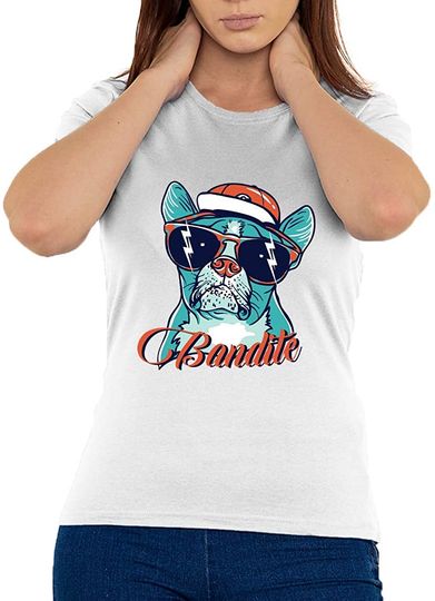 Discover T-shirt de Mulher Bandite Pug Dog Engraçado com Óculos Meme