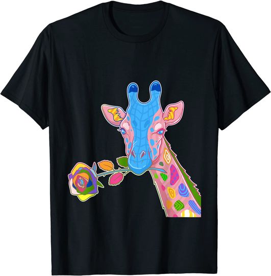 Discover T-shirt Unissexo com Estampa de Girafa com Flor de Rosa