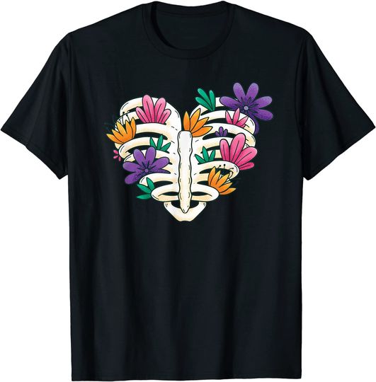 Discover T-shirt Unissexo Esqueleto da Caixa Torácica com Flores