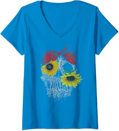 Discover T-shirt de Mulher Caveira Laço Flor de Girassol Decote em V