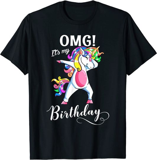 Discover T-shirt Unissexo OMG It's My Birthday com Unicórnio Divertido