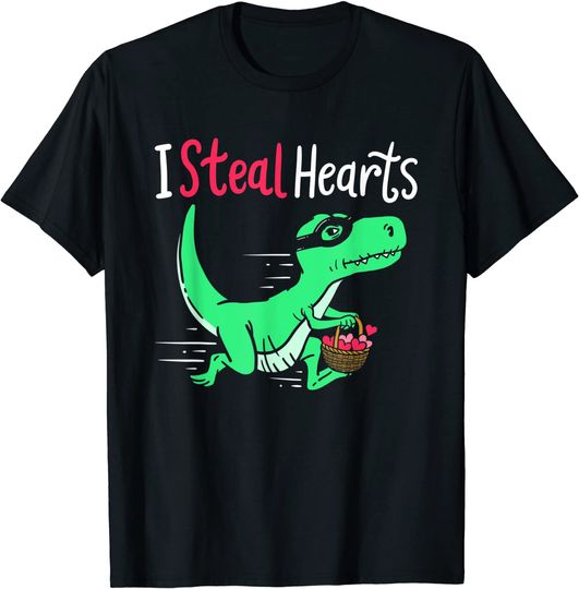 Discover T-shirt Unissexo Dinossauro Rouba Corações Presente do Dia dos Namorados