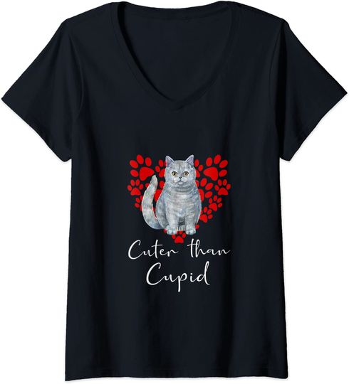 Discover T-shirt de Mulher com Gato Cuter Than Cupid Decote em V