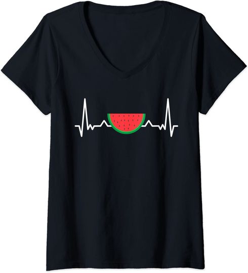 Discover T-shirt de Mulher Batimento Cardíaco de Melancia Decote em V
