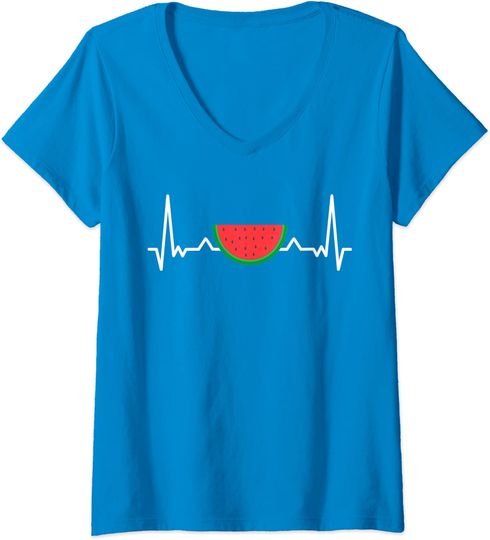 Discover T-shirt de Mulher Batimento Cardíaco de Melancia Decote em V