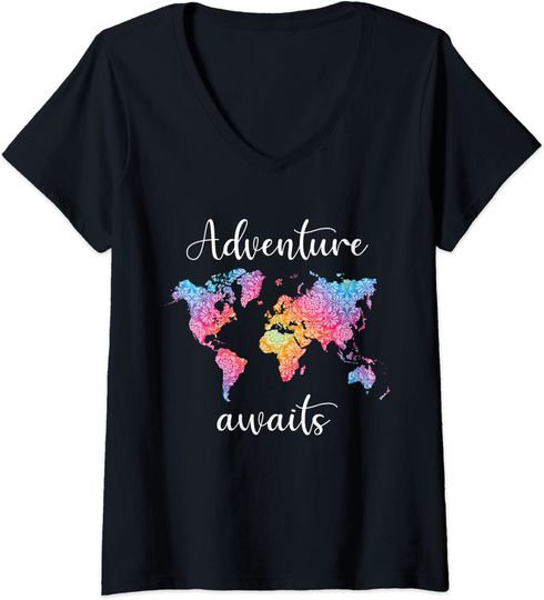 Discover Camisete para Mulher com Mapa do Mundo Adventure Awaits Decote em V