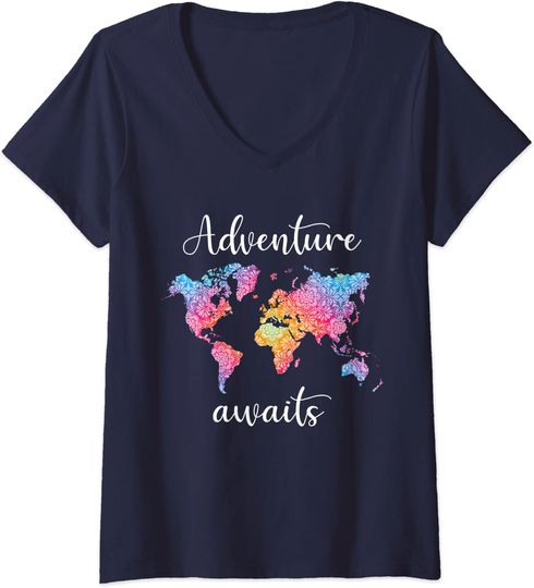 Discover Camisete para Mulher com Mapa do Mundo Adventure Awaits Decote em V