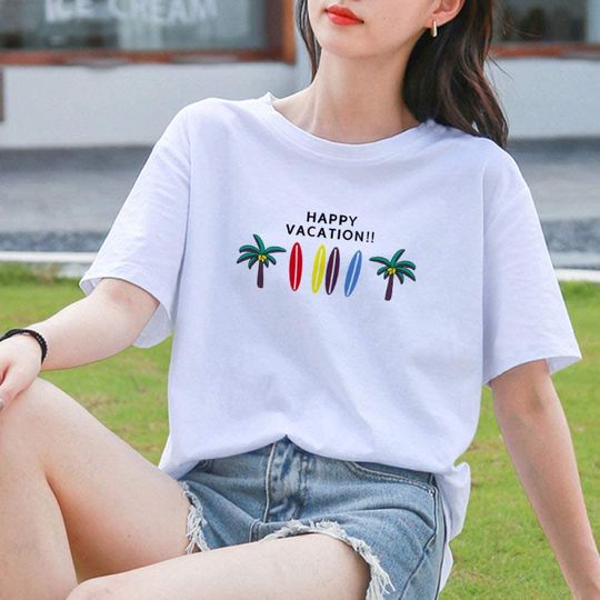 Discover T-shirt de Mulher Simples Happy Vacation Férias de Verão