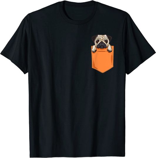 Discover T-shirt Unissexo Pug Dog Divertido no Bolsinho
