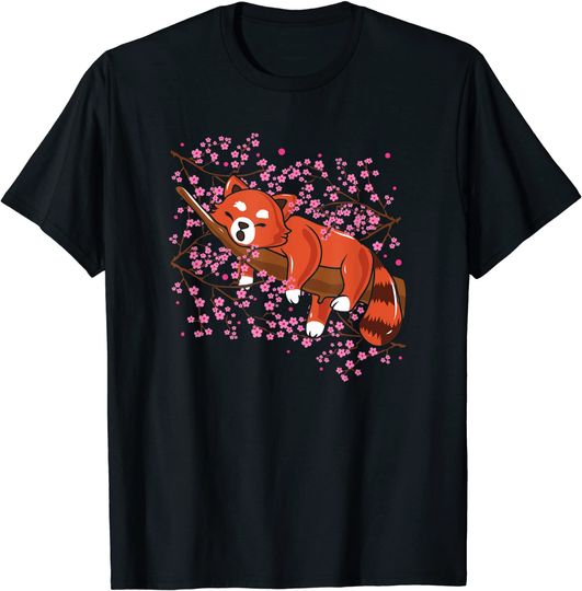 T-shirt Unissexo Flor de Cerejeira do Panda Vermelho Japonês