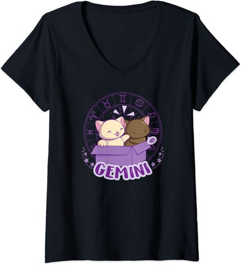 Discover T-shirt de Mulher com Gatos de Astrologia de Gêmeos Decote em V