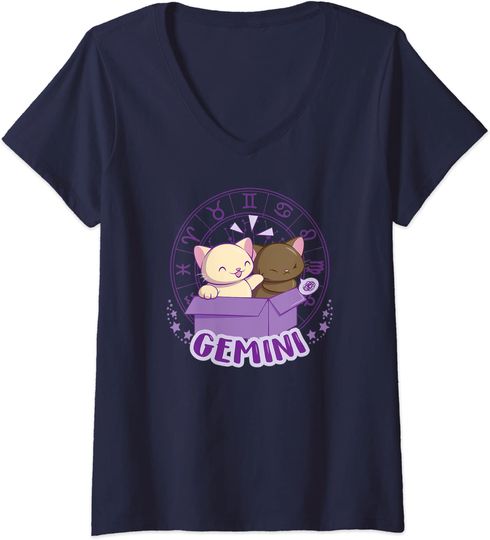 Discover T-shirt de Mulher com Gatos de Astrologia de Gêmeos Decote em V